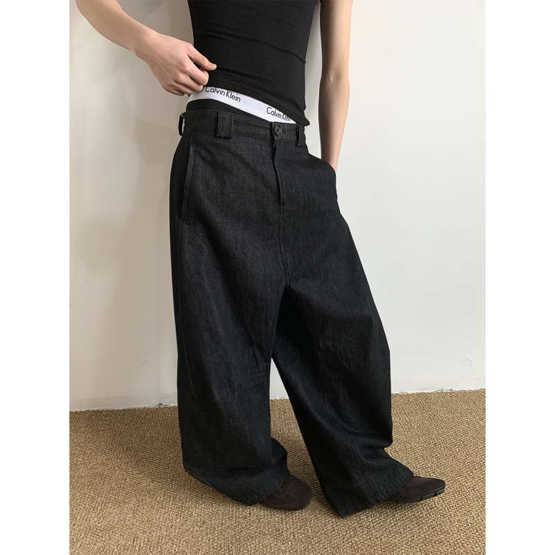 Mion City Series Three-Dimensional Cut Wide-Leg Casual Jeans Washed Raw Denim Black Floor-Length Pants for Men and Women