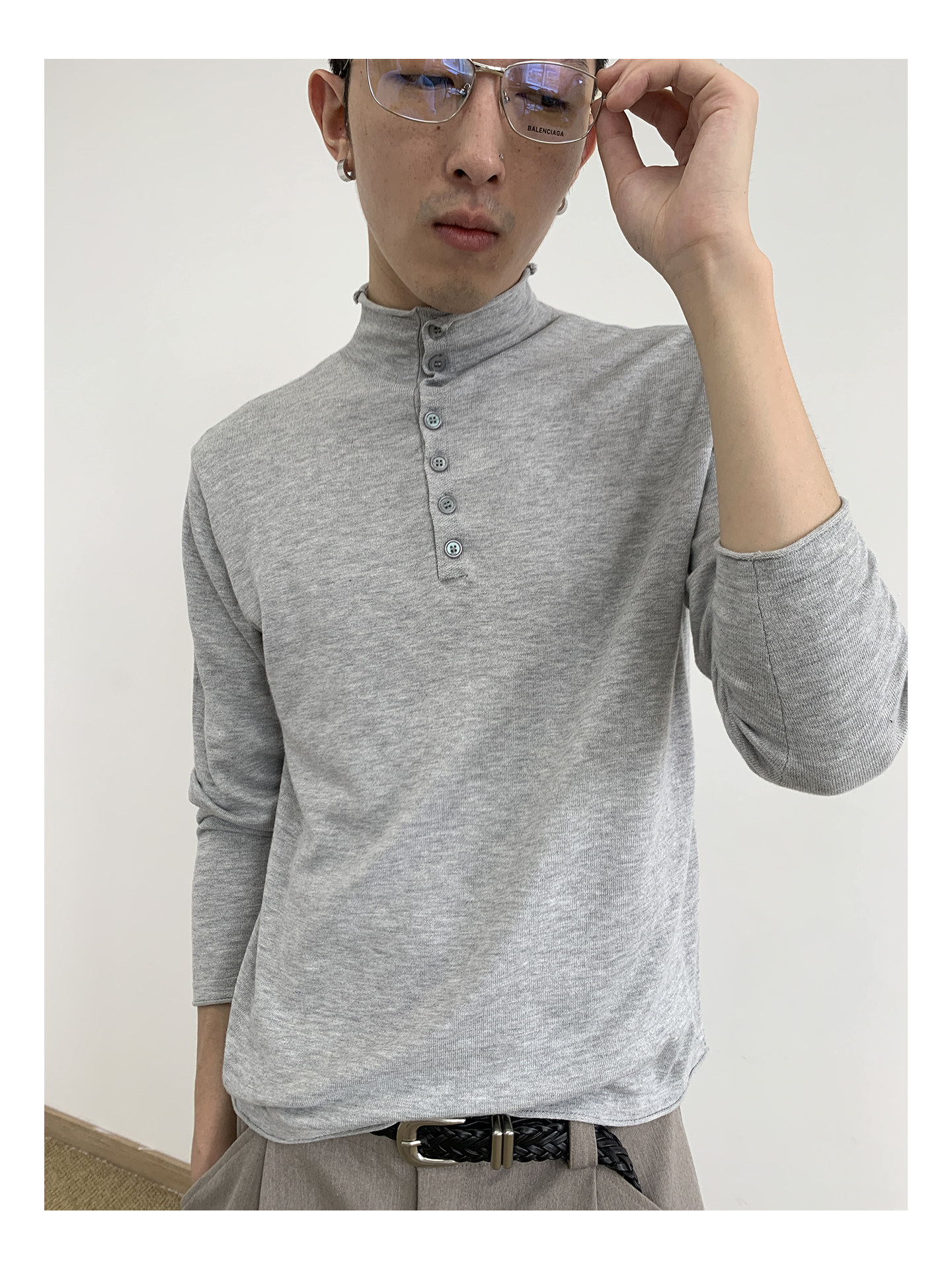 MION Wool-Blend Mock Neck Henley Tee