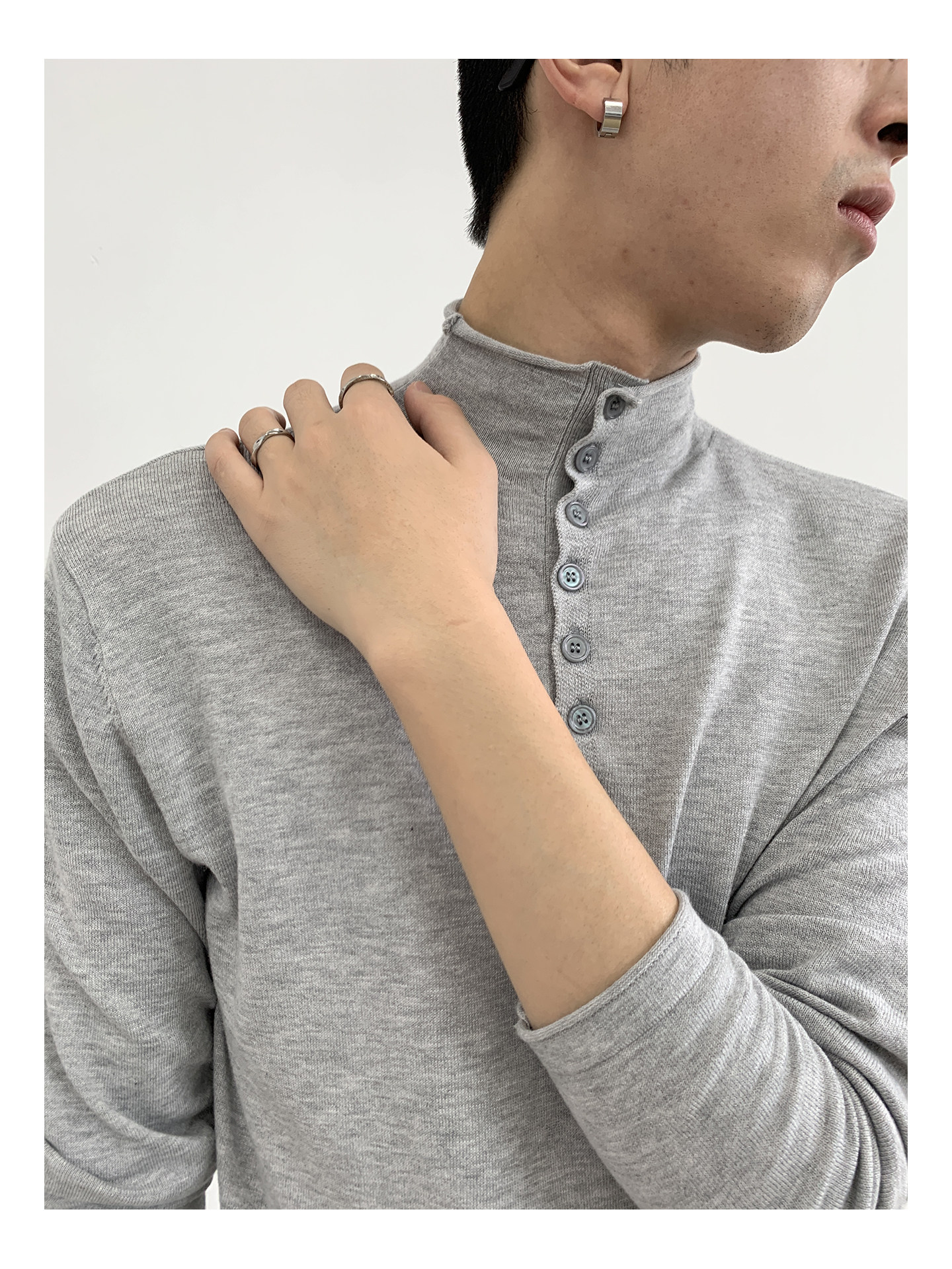 MION Wool-Blend Mock Neck Henley Tee