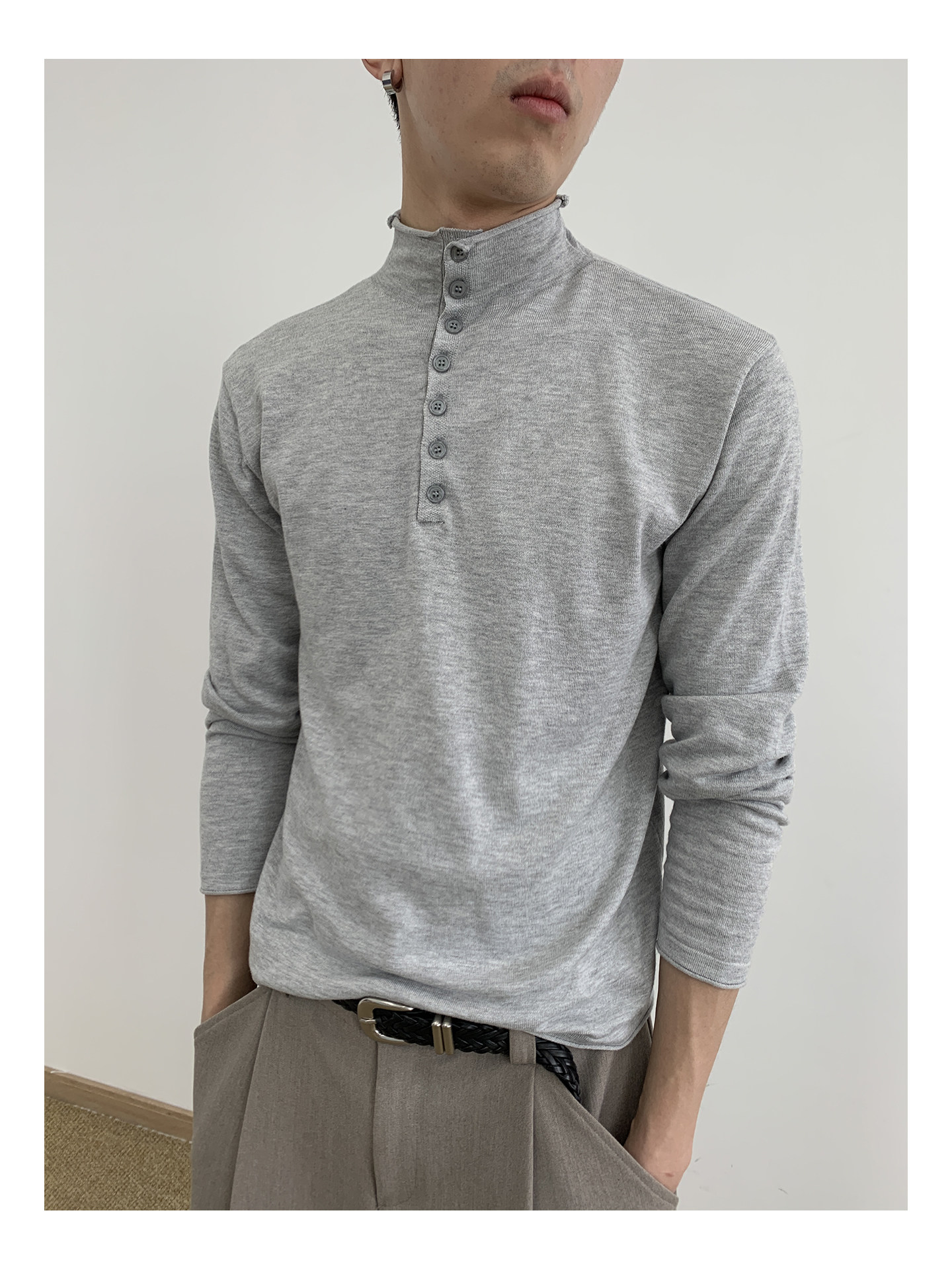 MION Wool-Blend Mock Neck Henley Tee
