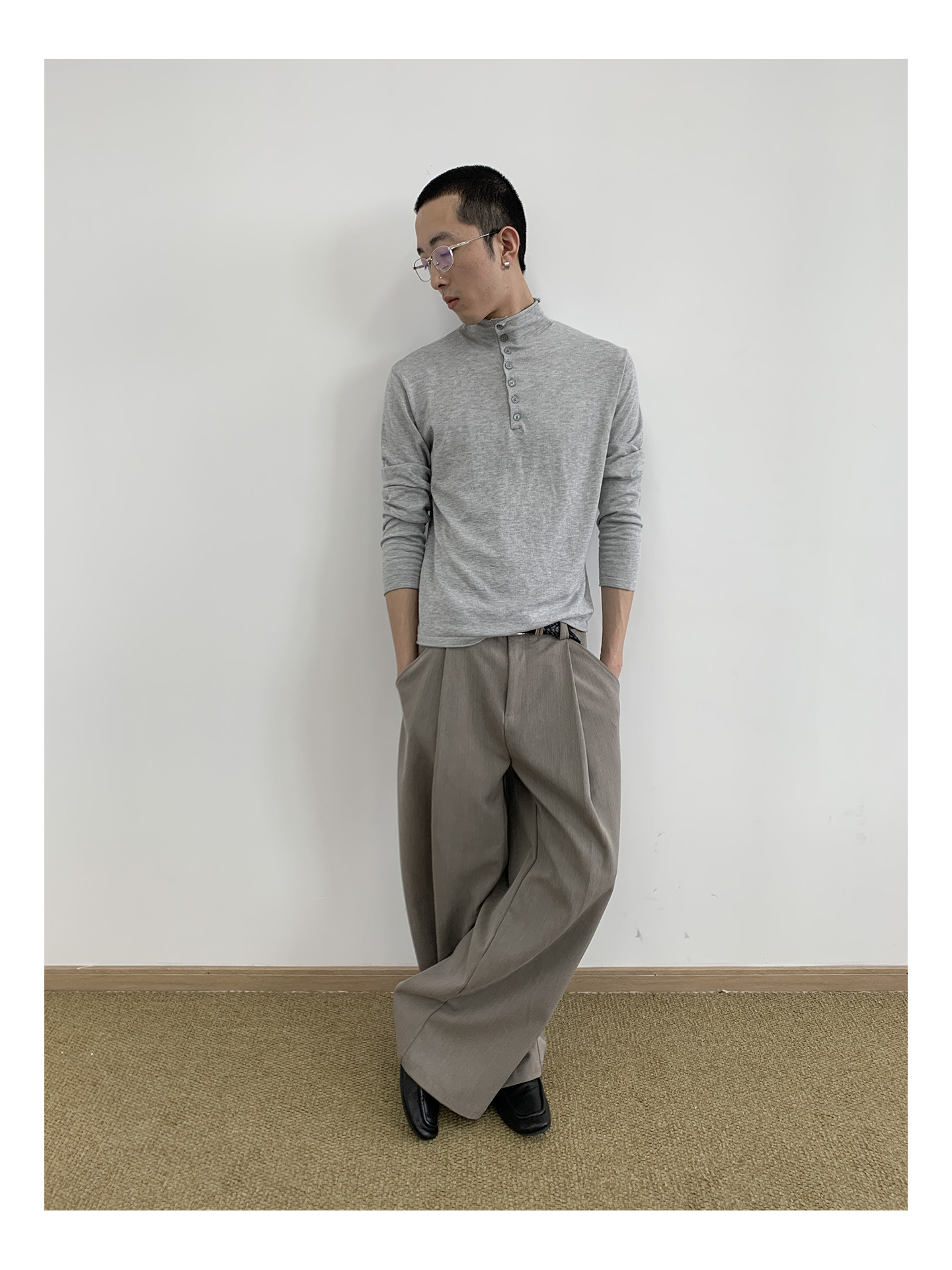 MION Wool-Blend Mock Neck Henley Tee