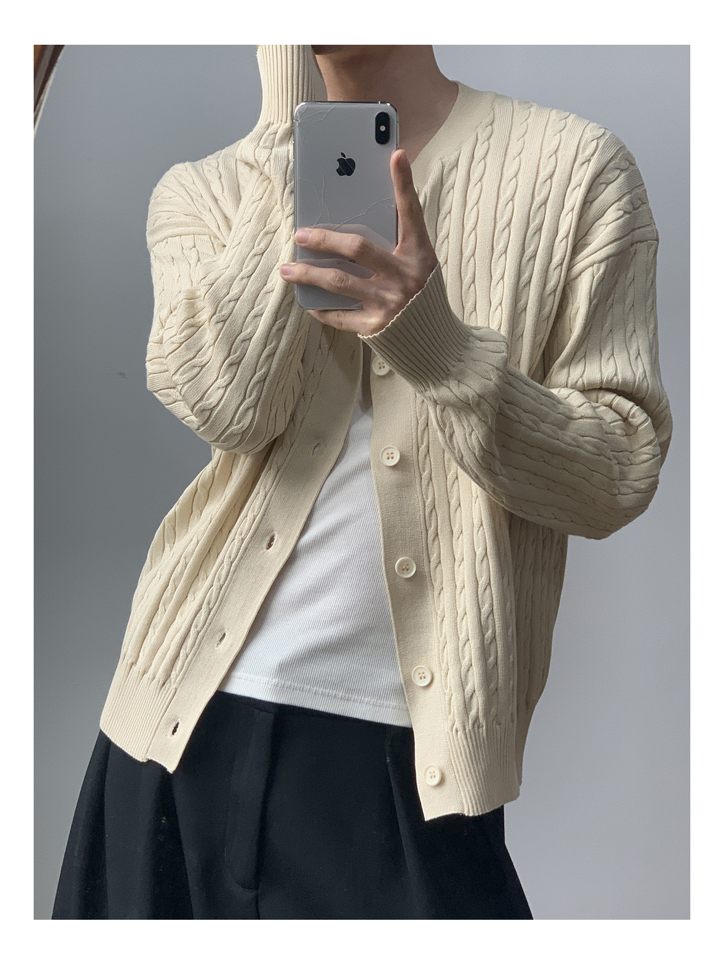 MION Cable-Knit Button-Up Cardigan