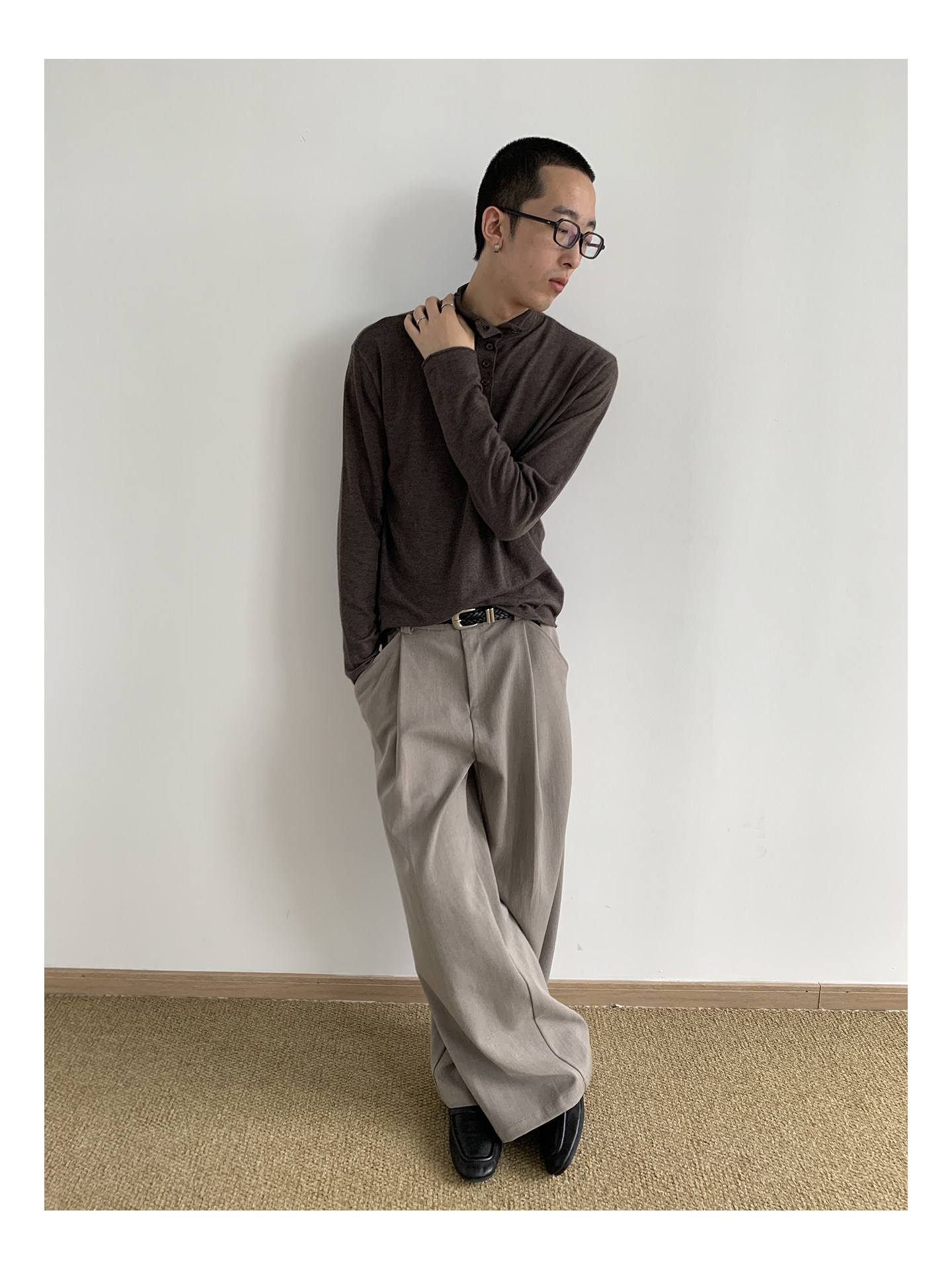 MION Wool-Blend Mock Neck Henley Tee