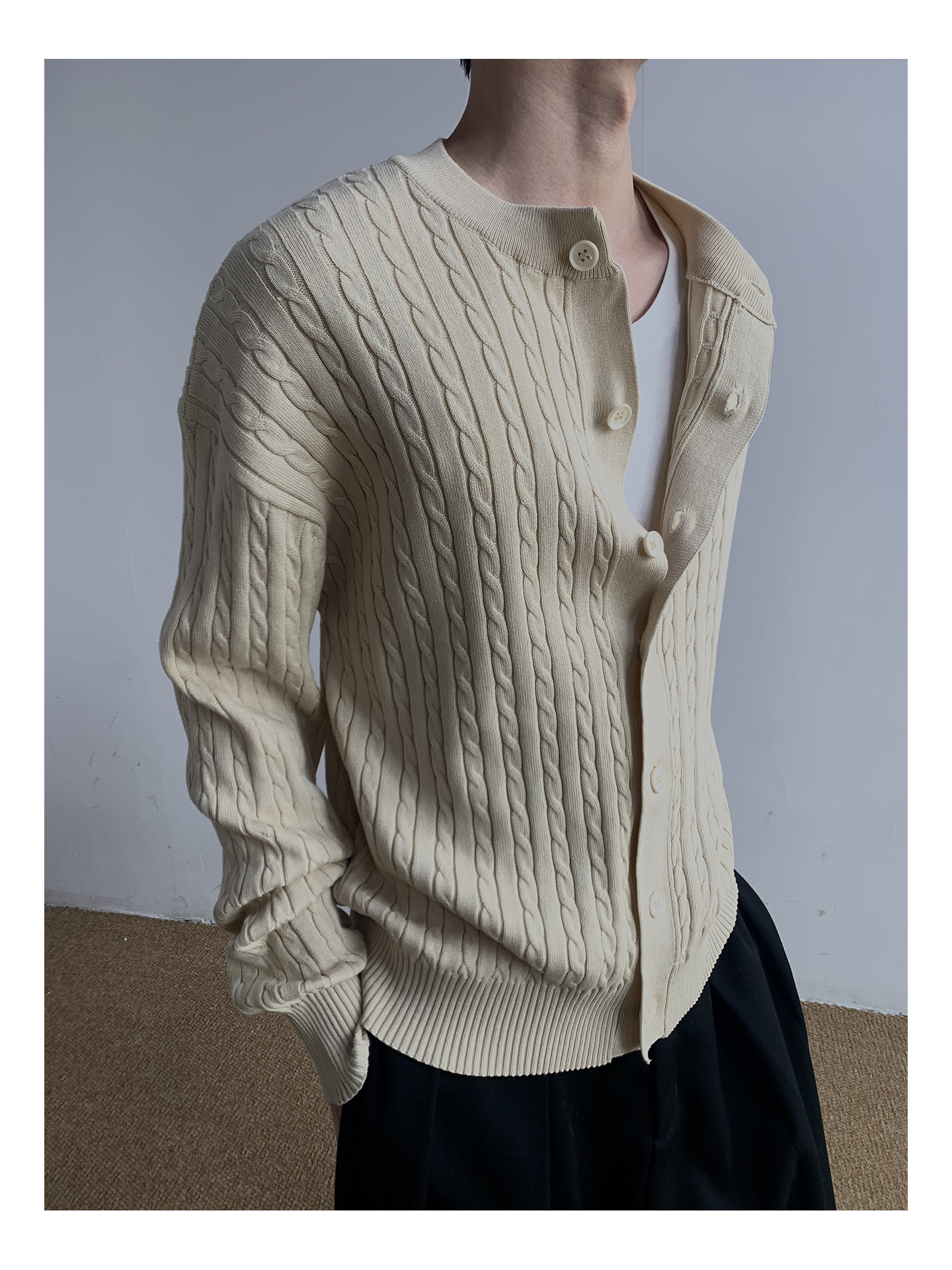 MION Cable-Knit Button-Up Cardigan