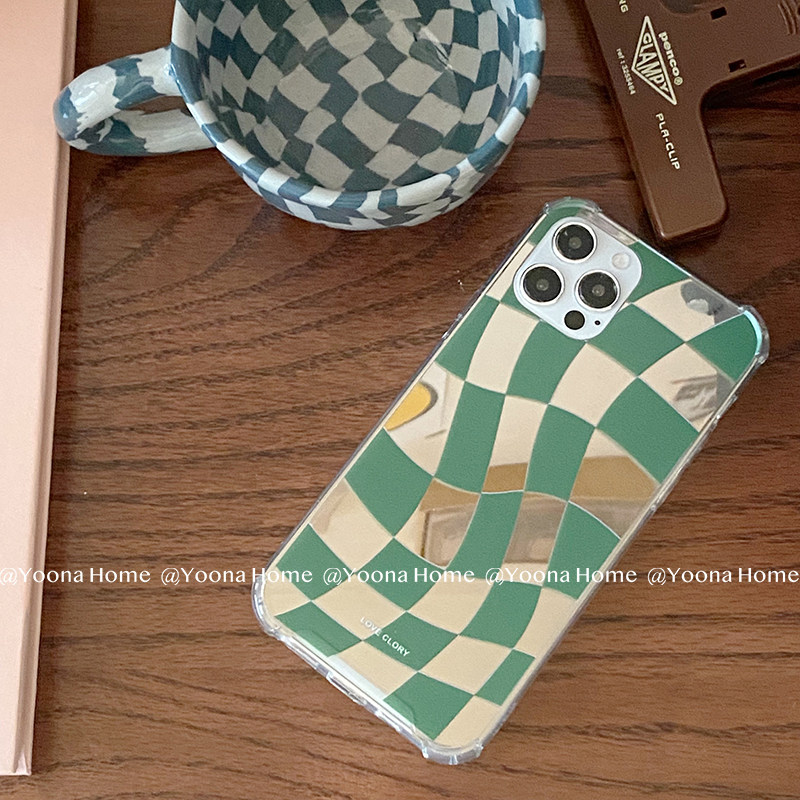 Yoona Home Mirror Chessboard Lattice iPhone12 Mobile Phone Protection Shell Green 11promax Applicable Apple xsxsmax