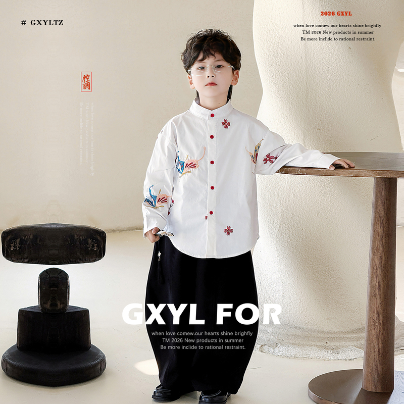New Chinese-Style Embroidered Boys' Shirt 2026 New Children's Long-Sleeve Shirt for Boys, Trendy, Cool, Gentleman-Like, Handsome and Versatile