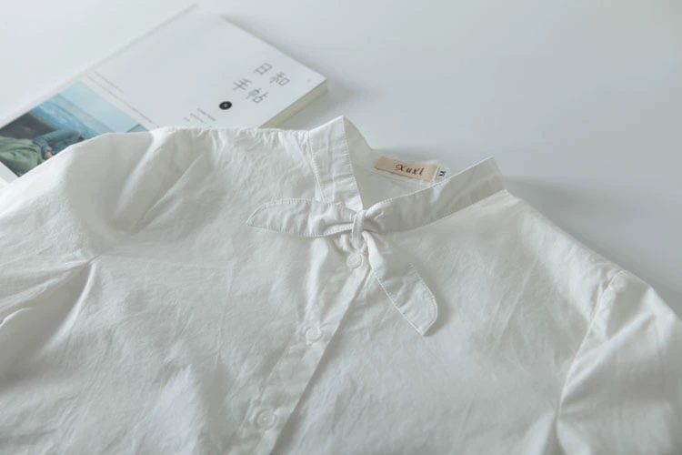 Xuân 2018 mới của phụ nữ áo trắng cotton tai thỏ đứng cổ áo văn học áo sơ mi nữ dài tay áo sơ mi nữ dài tay hàn quốc