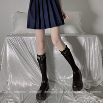 Orange taste meow: summer butterfly knot socks female midbarrel calf socks black long half leg lace with black silk mood