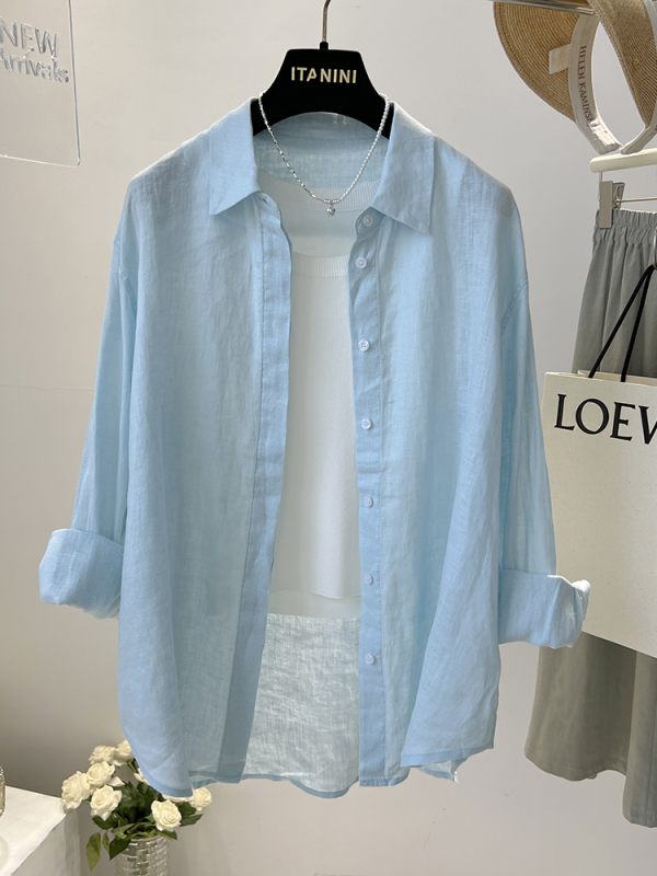 Linen Shirt for Women, Spring and Summer New Style, Korean Version, Loose, Solid Color, Versatile, Slimming, Long-Sleeved Cotton-Linen Sun Protection Shirt, Top Linen Shirt for Women, Spring and Summer New Style, Korean Version, Loose, Solid Color, Versatile, Slimming, Long-Sleeved Cotton-Linen Sun Protection Shirt, Top