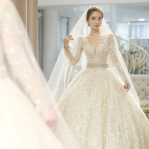 Long-sleeved starry sky main wedding dress 2021 new bride luxury temperament tail dream forest super fairy winter cover thick arm