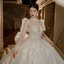 Main wedding dress 2021 new bride summer court style French large drag cotton long-sleeved retro wedding princess style