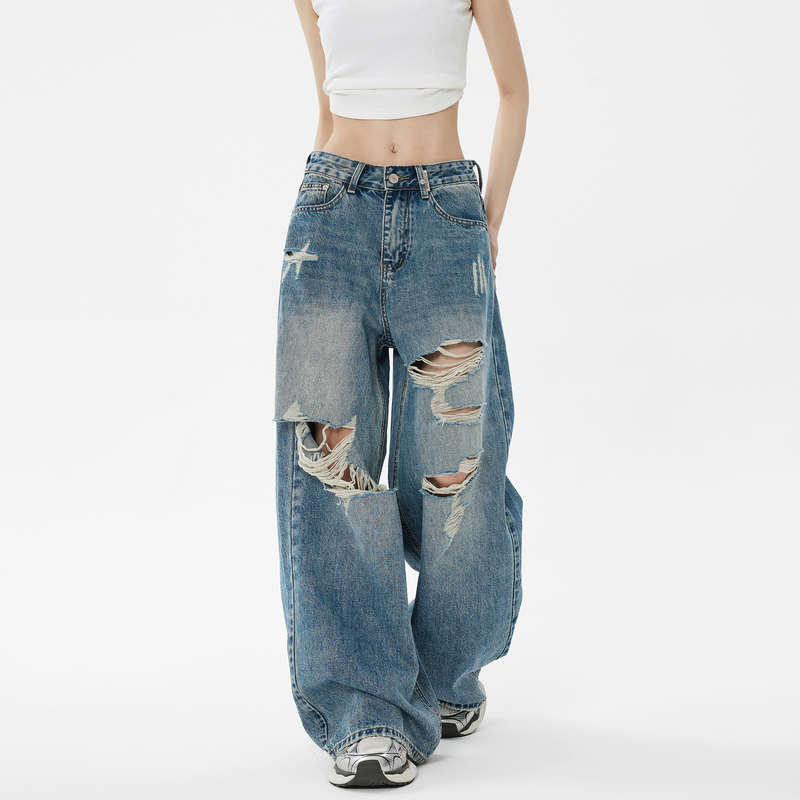 Edx American Retro Ripped Jeans for Women, Summer Thin Loose Wide-Leg Straight Pants, Washed Style, Good Quality Pants