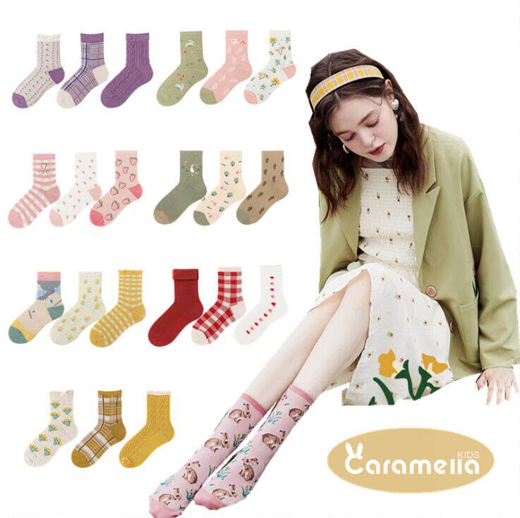 Autumn and winter three pairs of color series cotton women's middle class socks pile heap socks