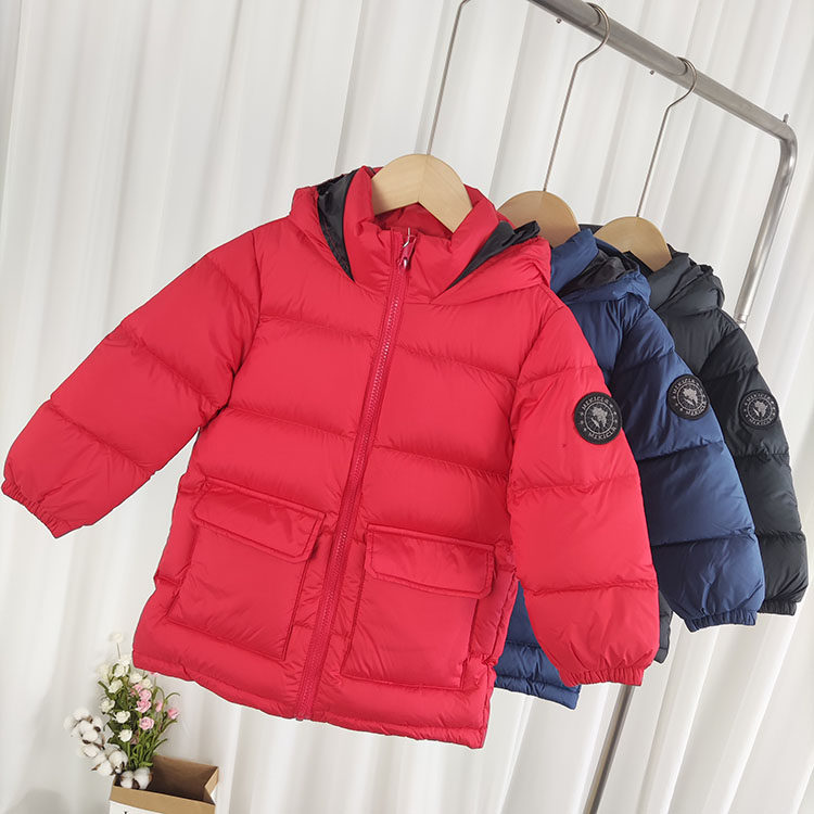 Children's down jacket mid-length version thickened winter white duck down boys and girls baby big children's three-proof jacket outer wear
