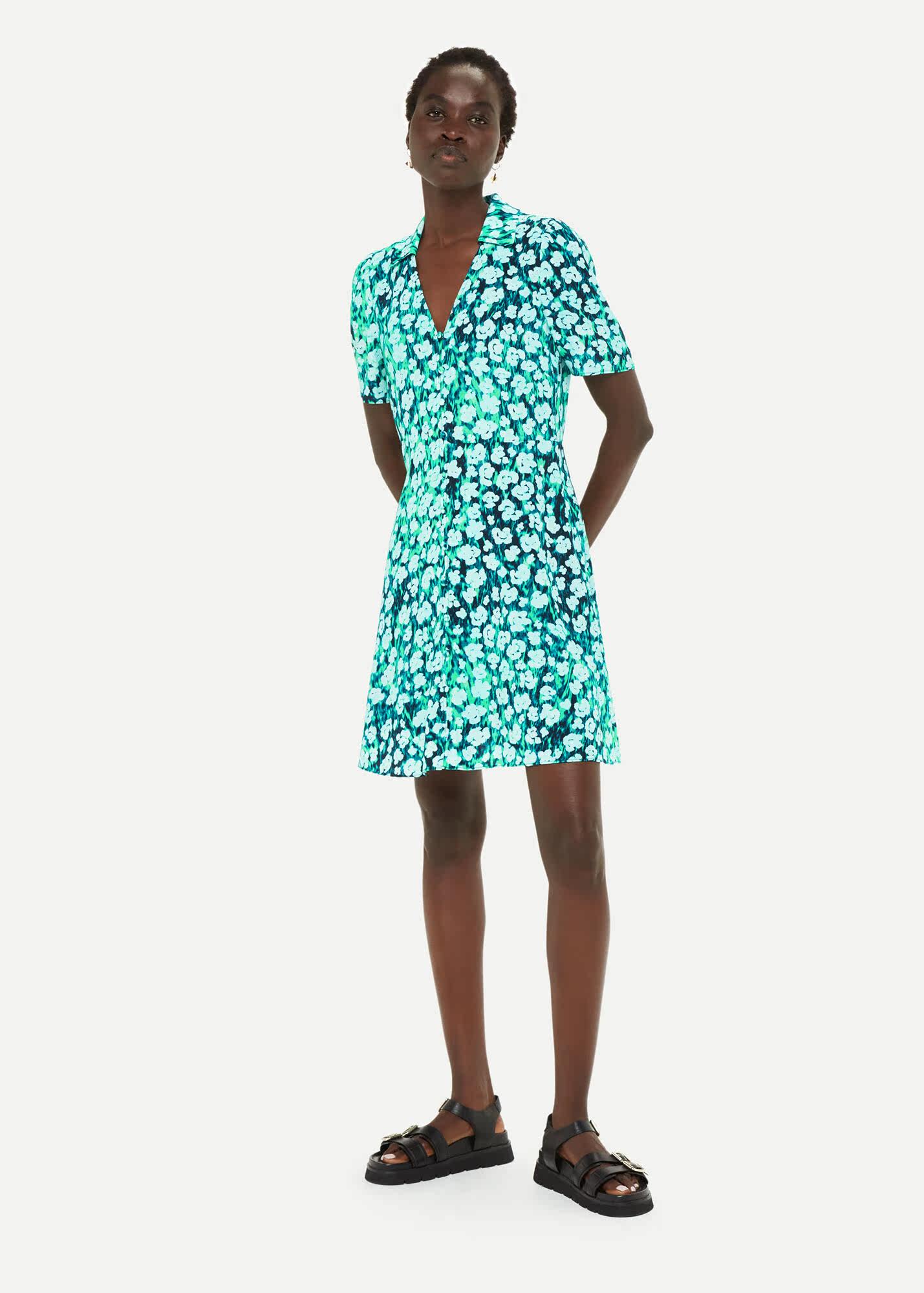 British Whistles dress style retro printed short sleeves and kneecap cashew with slim temperament short skirt-Taobao