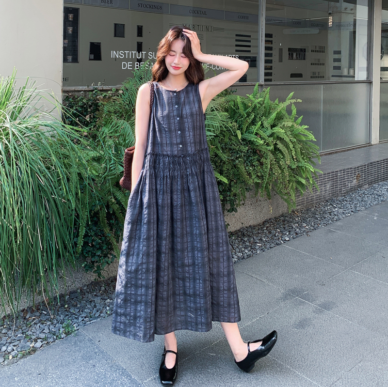 Dark Blue Korean-Style College Pattern Sleeveless Vest Dress for Women 2026 Summer New Slimming Elegant Long Dress