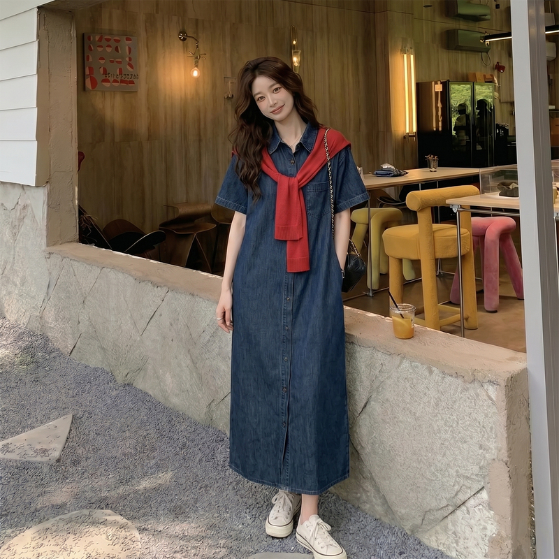 Dae Red Knitted Shawl Short-Sleeved Denim Dress for Women, Summer Elegant Simple Ootd Casual Shirt Long Dress