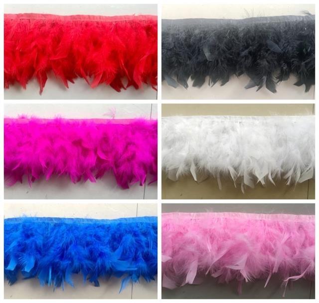 Encrypted Feather Strip Turkey Feather Fabric with Lace Feather Lampshade for Table Lamp, Chandelier, Dance Costume, Doll Clothing 1m