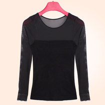 Seamless women's black base shirt mesh cotton sweater jacket hollow new transparent ultra-thin underwear