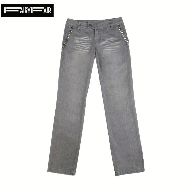 Fairyfair Genuine Spring and Autumn Beaded Cotton Washed Slim Straight-Leg Jeans Trousers