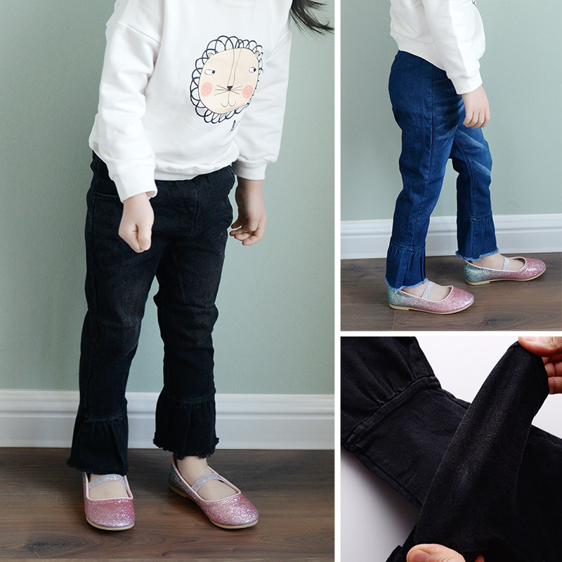 Girl jeans high elastic 2019 new spring children's pants CUHK Trumpeter Pants Ocean Wave