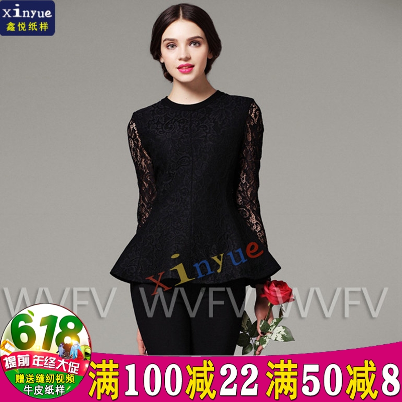 S81 Xinyue Paper-like female lace long sleeve blouses with round neckline lace blouses bottom large swing cut drawing-like sewing