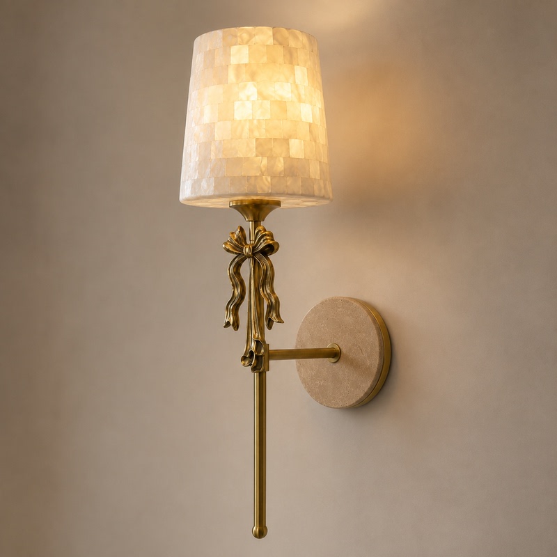 European Retro Brass Wall Lamp Shell Texture Travertine Bow Lampshade Bedroom Living Room Corridor Aisle Lighting Fixtures