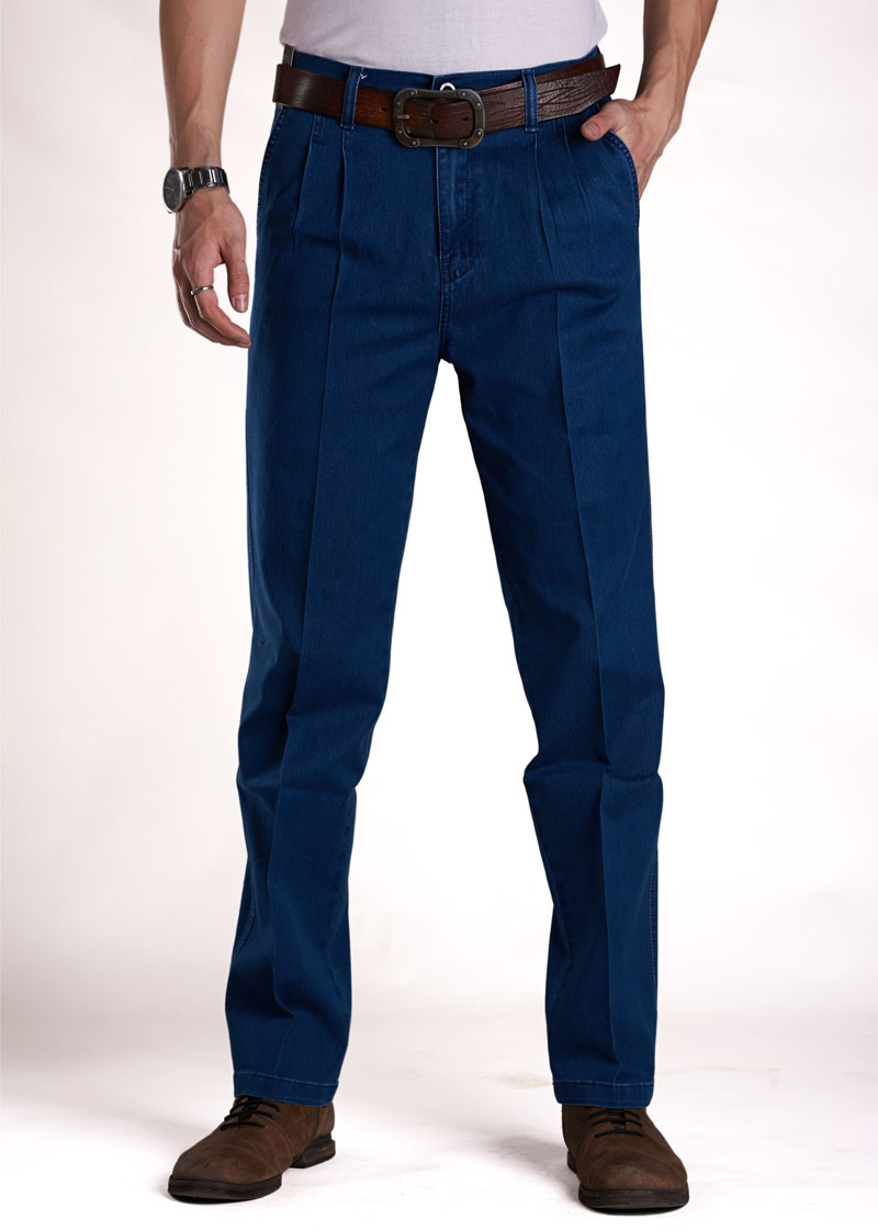 Ai nhà denim trung niên lỏng lẻo kinh doanh giải trí cao eo quần thẳng denim co giãn đôi bông pleated cộng với quần.