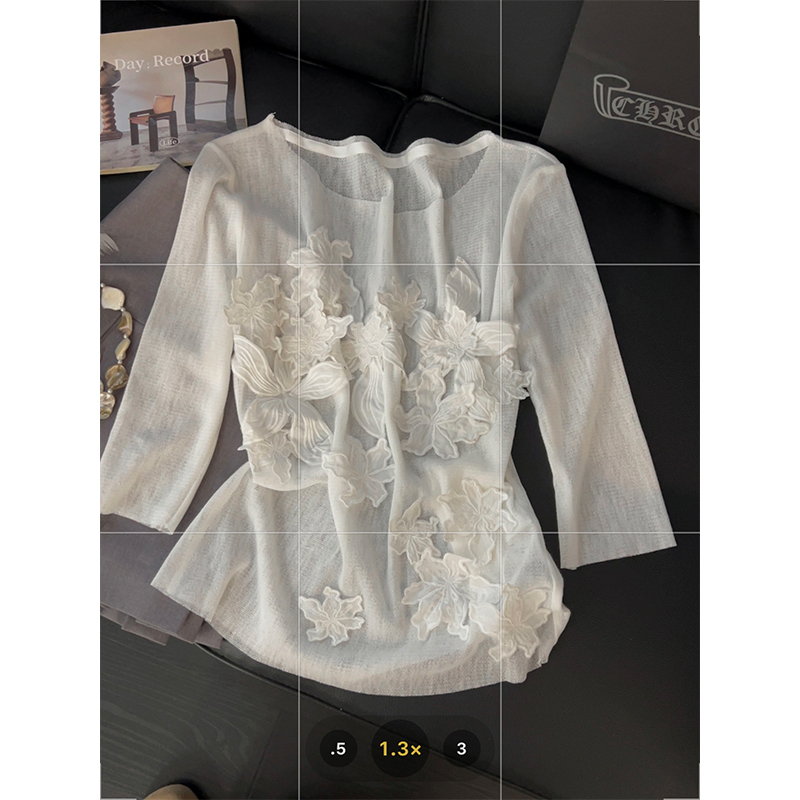 French-Style Three-Dimensional Floral Short-Sleeve Top for Women, Mesh Edgeless See-Through Design, New Summer Slim-Fit Round-Neck T-Shirt