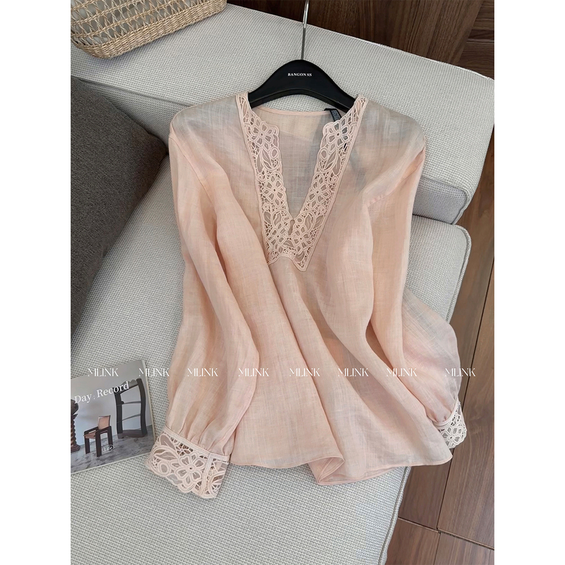 M Link Linen V-Neck Pink Shirt for Women with Lace Embroidery, Gentle Style, Autumn 2026, Elegant Long-Sleeve Top M Link Linen V-Neck Pink Shirt for Women with Lace Embroidery, Gentle Style, Autumn 2026, Elegant Long-Sleeve Top