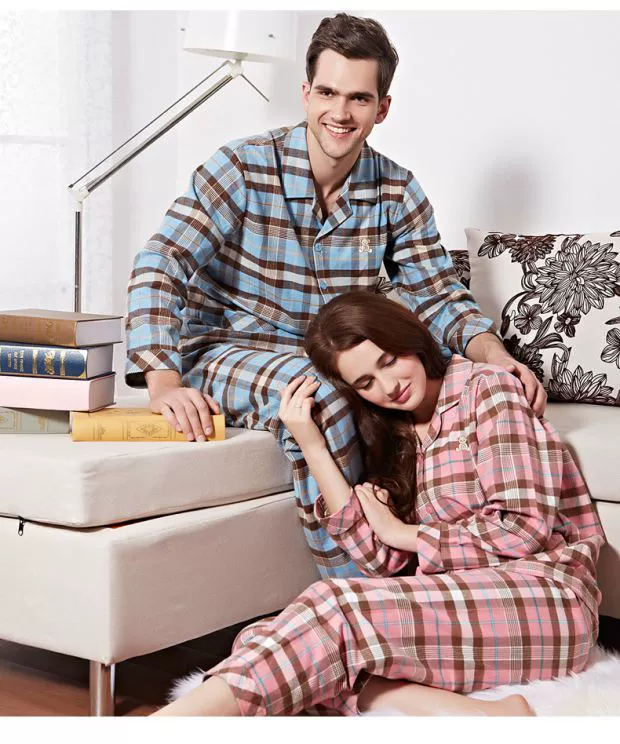 Mỹ tiêu chuẩn mùa xuân và mùa thu dệt sanding mềm phù hợp với nam dài tay cotton đôi đồ ngủ lưới phụ nữ dịch vụ nhà quần áo ngủ nam