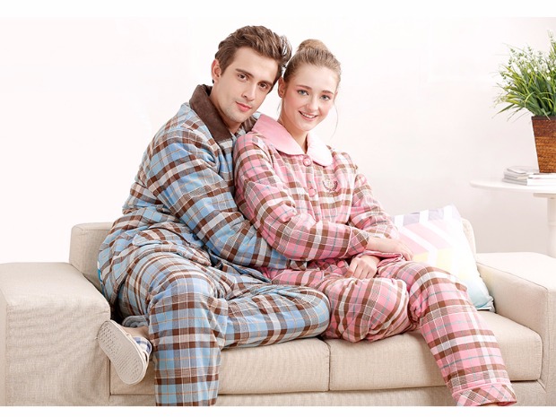 Quầy tiêu chuẩn Mỹ đích thực ba lớp dày nữ mùa đông được dệt bằng vải kẻ sọc mờ quần ngủ nam dài