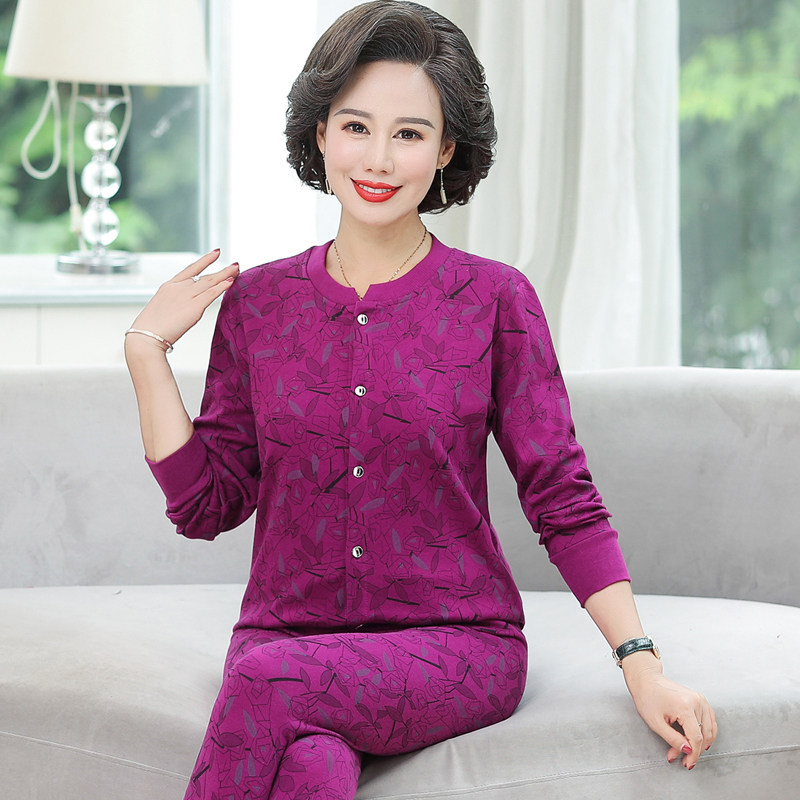 Middle Aged Autumn Clothes Women Pure Cotton Single-Piece Jersey Mum Big Size Calorie Clothes Old Man Printed Cardiovert Blouse