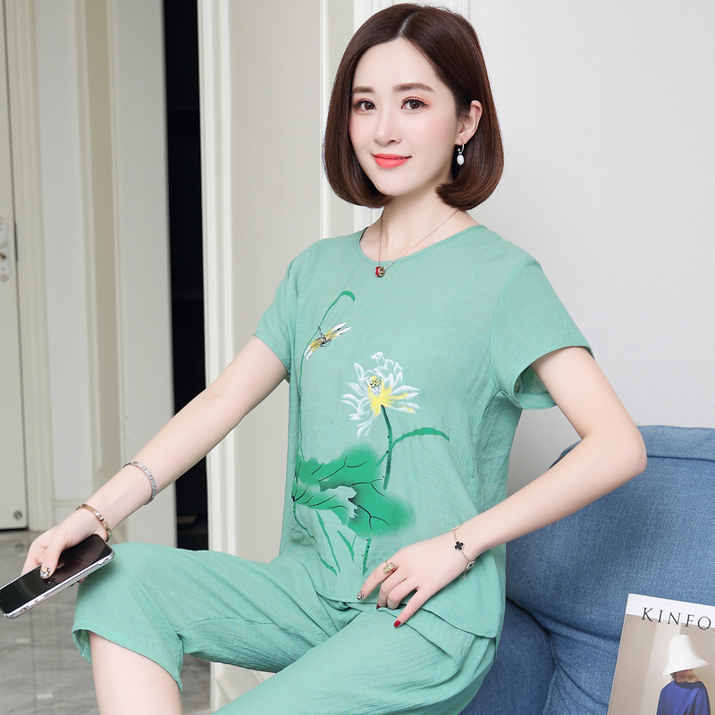 In summer middle-aged women dress cotton linen short sleeves 7 Pants Suit Loose large size Mom Loaded Printed Embroidered Summer Dress