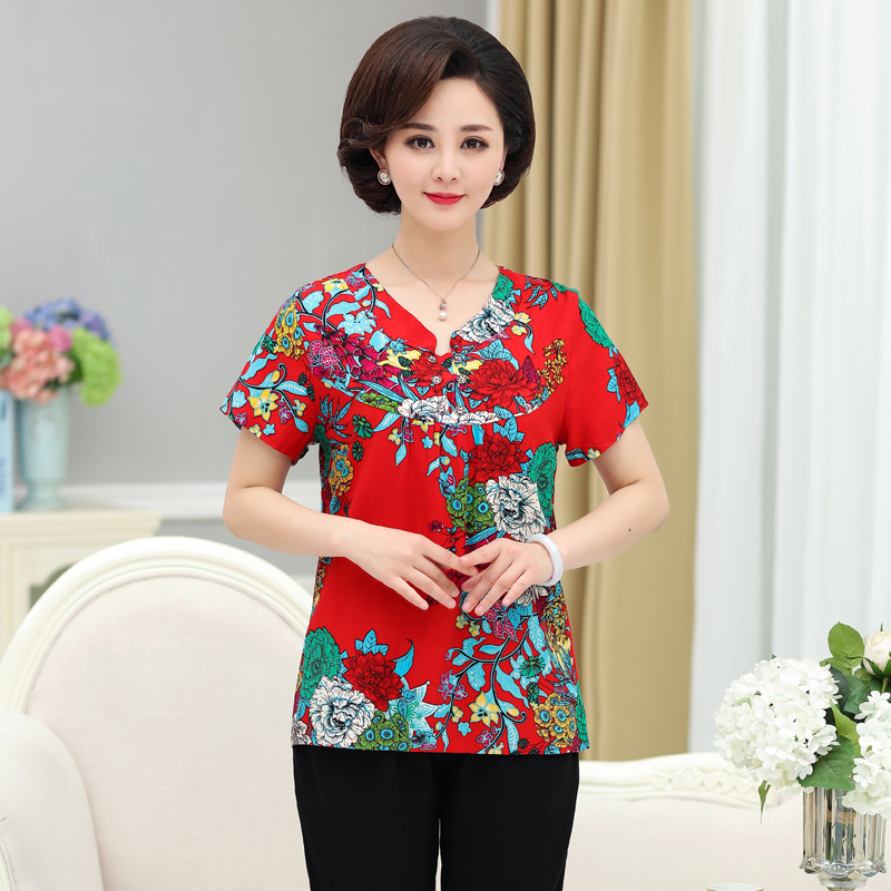 Middle aged cotton silk pyjamas woman loose with large size, old man can wear home outsuit mom short sleeves seven pants and two sets