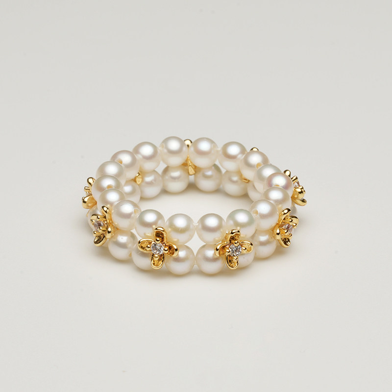 Golden Charm 3-4mm Osmanthus double-row freshwater pearl ring, fashionable and elegant high-end jewelry birthday gift