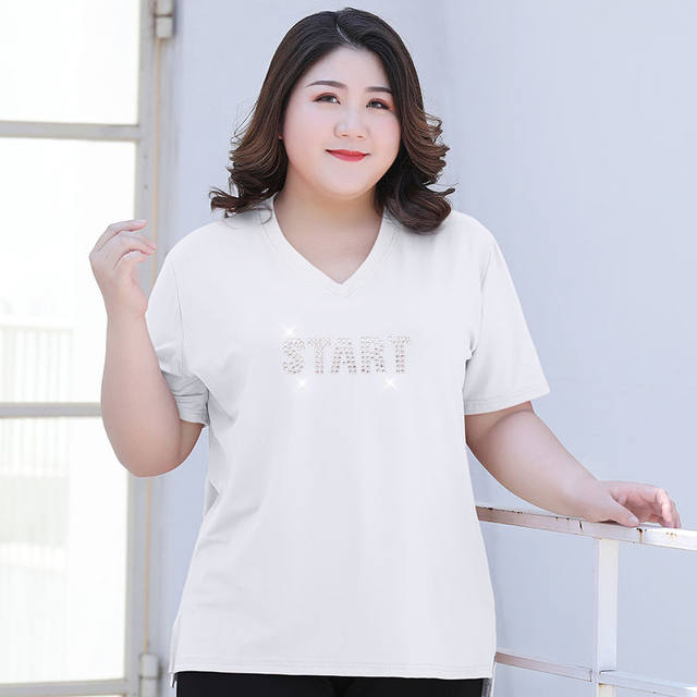 Fat mm short-sleeved t-shirt loose top 200Jin [Jin is equal to 0.5 kg] 2021 summer oversized elastic V-neck bottoming shirt women's summer casual