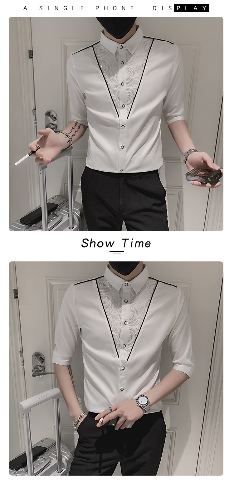 Description Picture 6 of itemSpring Summer New Half Sleeve Lace Dress Shirt Men Tuxedo Shirts For Men Clothing 2022 Slim Fit Casual Blouse Homme Streetwear