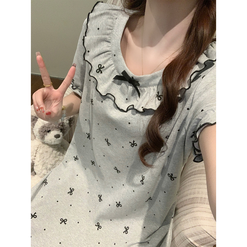 2026 New Gray Polka Dot Bow Nightgown for Women, Summer Ruffled Large Size Loose Fit, Can Be Worn Outside as Loungewear 2026 New Gray Polka Dot Bow Nightgown for Women, Summer Ruffled Large Size Loose Fit, Can Be Worn Outside as Loungewear