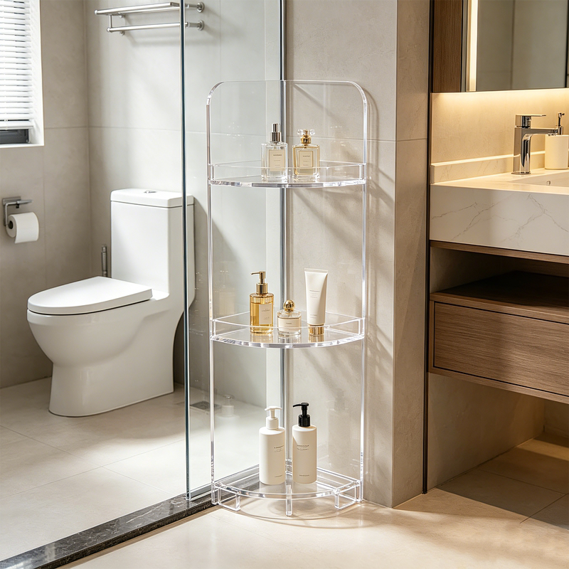 No-Drill Acrylic Triangular Shelf for Bathroom, Floor-Standing, High Aesthetic Value, for Shower Gel and Toilet Storage No-Drill Acrylic Triangular Shelf for Bathroom, Floor-Standing, High Aesthetic Value, for Shower Gel and Toilet Storage