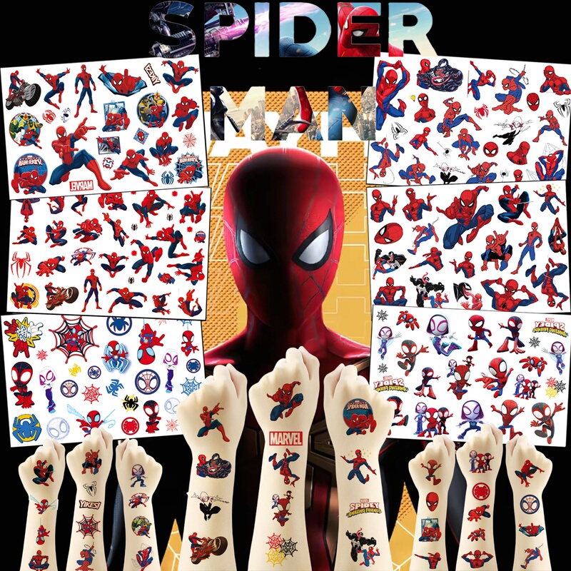 Six-Pack of New Marvel Spider-Man Tattoo Stickers for Children's Party Gifts, Party Stickers, Cross-Border Amazon