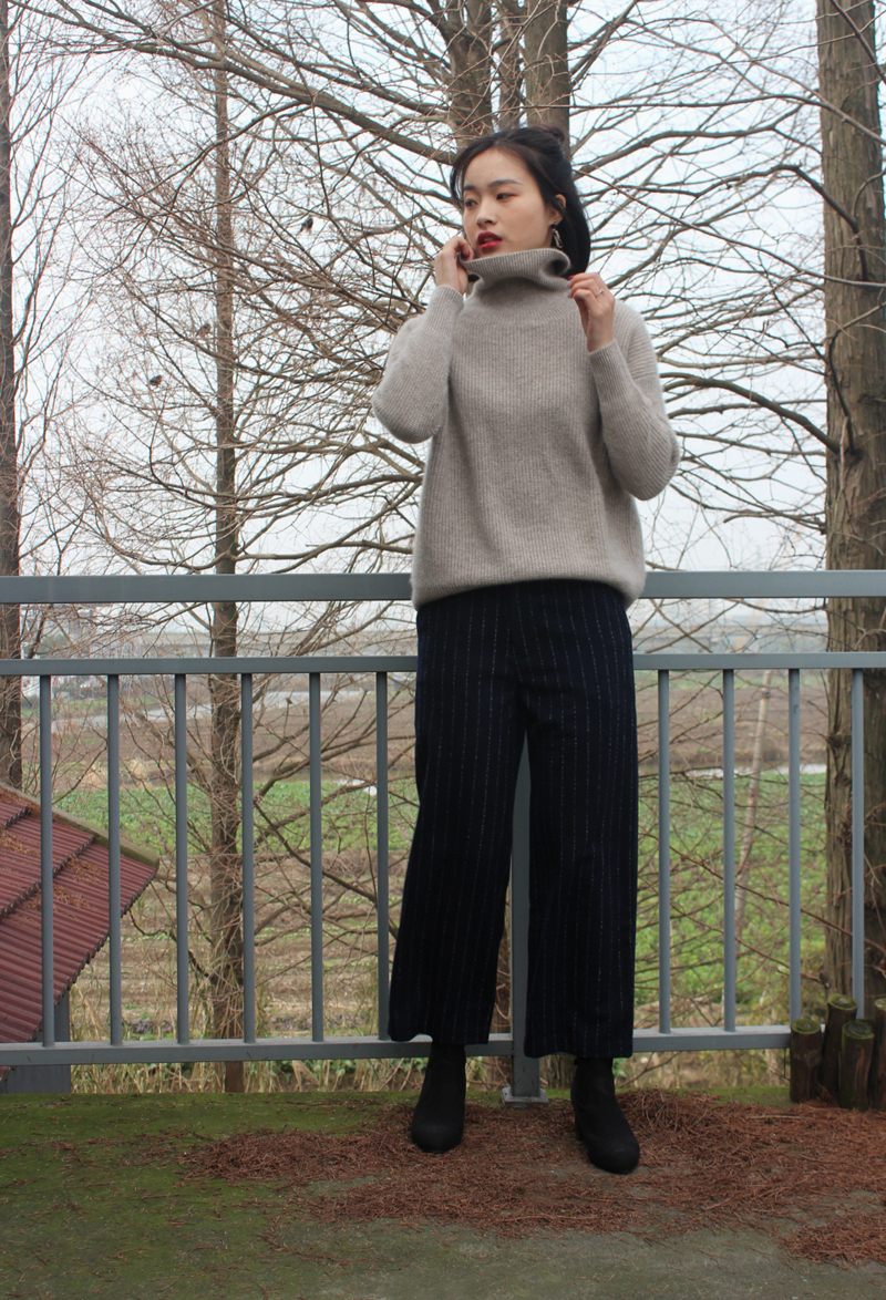 Whispering Moss*Wool Cashmere Navy Blue Bottom Gray Stripe 8 Points Pants*Ling Original Production*201901023
