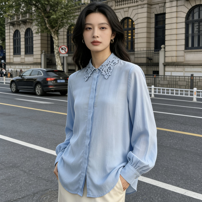 Hollow Lace Collar Skin-Friendly and Smooth Shirt