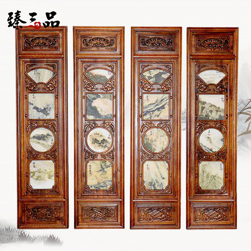 Chinese-style wall-mounted wood carving hanging screen solid wood four-screen living room sofa background decoration natural marble painting marble