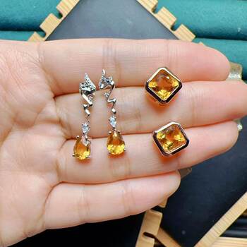 Natural citrine stud earrings water drops 6×8 925 silver seiko inlaid colorful jewelry
