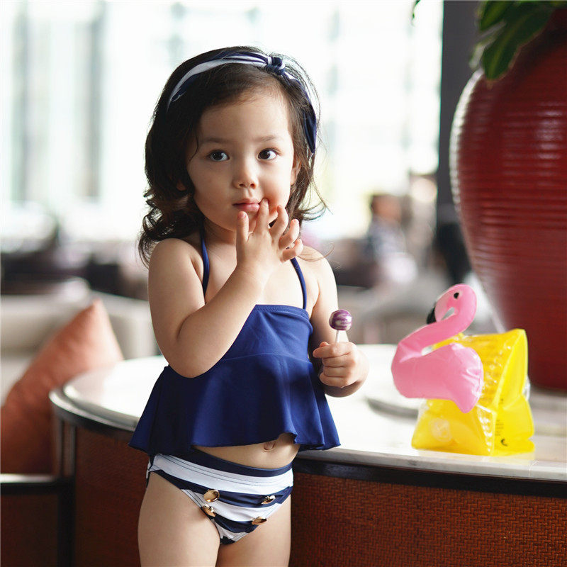 Korean ins children's bikini girls blue stripe threepiece baby split