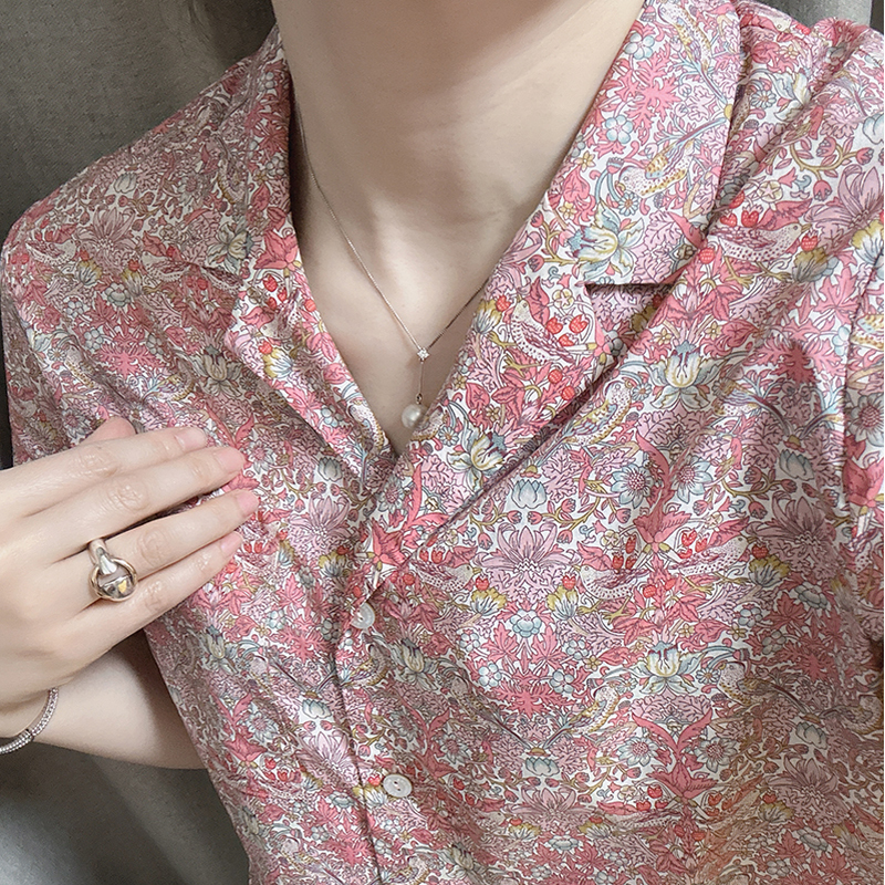 Miakoko Finished Product Series British Liberty Pink Strawberry Thief Women's Short Cuban Collar Shirt