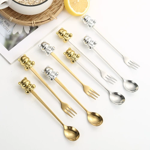 Ложка из нержавеющей стали, высококачественная десертная вилка для фруктов, палочка для смешивания, нержавеющая сталь AISI 304, популярно в интернете, с медвежатами