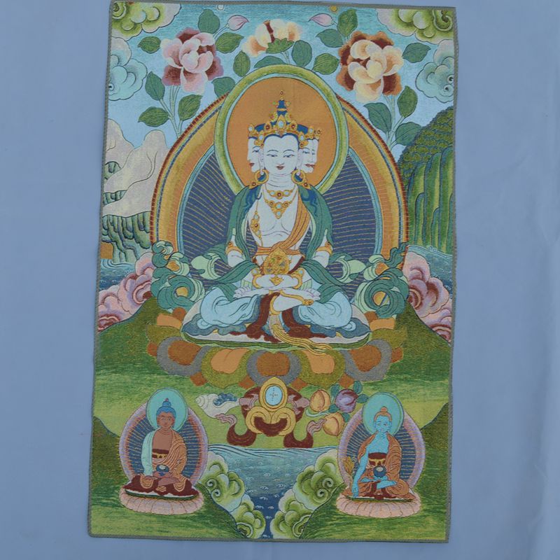 Silk weaving brocade painting Silk exquisite embroidery painting Tibetan Buddha Thangka Thangkadu four-sided Guanyin portrait