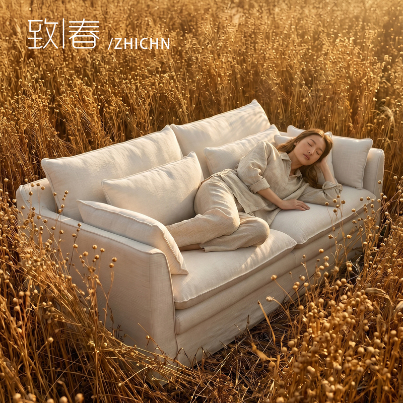 Spring Embrace Sofa, Small Apartment, Wabi-Sabi Style, Fabric Cotton and Linen, Fully Removable and Washable, Straight-Row Three-Seater Living Room White Sofa